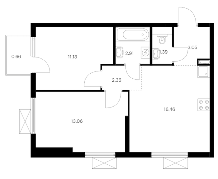 2-комнатная квартира 51.02 м², 22/24 эт., ЖК «Заречный парк»